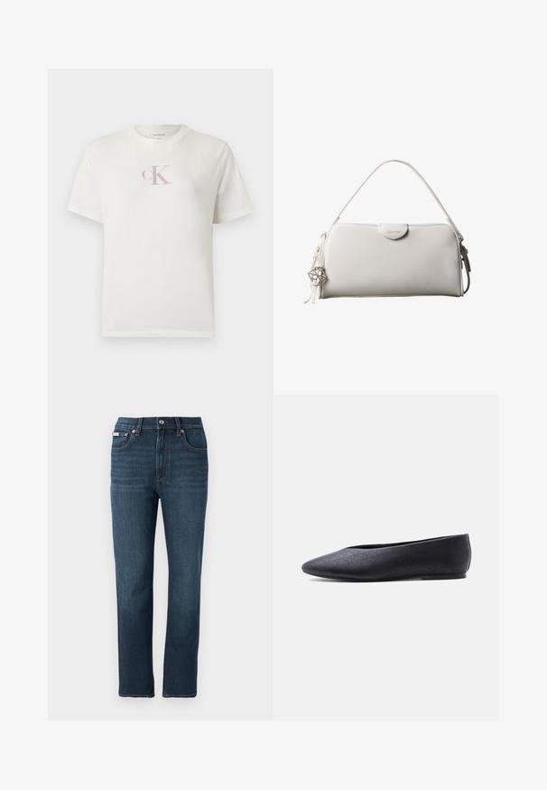 T-shirt en coton blanc à manches courtes avec un petit logo "CK" rose pâle sur la poitrine et un col rond classique. Texture douce.; Jean en denim bleu foncé avec une coupe droite, poches avant, fermeture par bouton et détails de couture subtils sur la taille.; Chaussure de ballet plate noire à bout pointu avec un motif perforé subtil, vue de côté sur fond blanc uni.; Sac à main rectangulaire blanc Calvin Klein avec une seule poignée, design minimaliste et pampilles décoratives avec un charm métallique géométrique sur le côté.