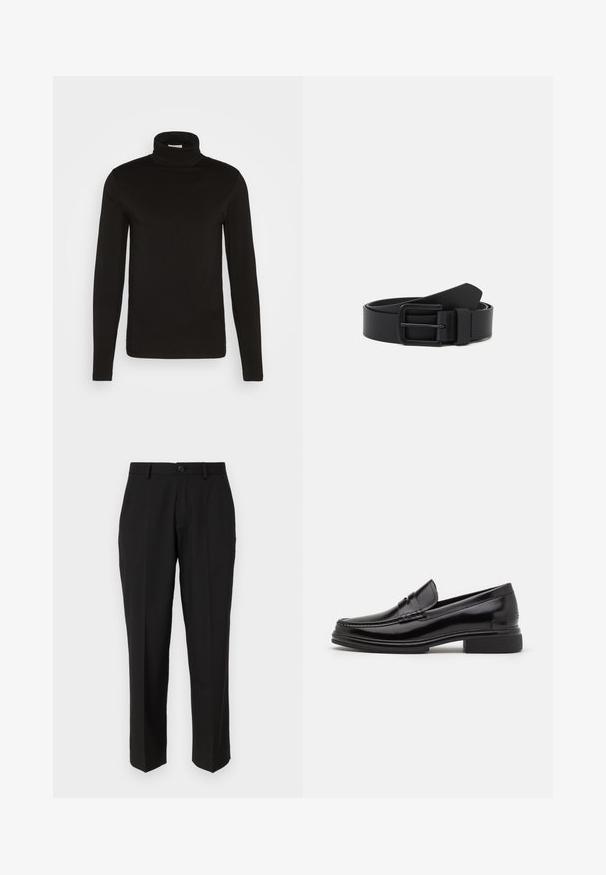 Sort turtleneck langærmet skjorte lavet af et glat stof med en tætsiddende design og en høj, tætsiddende krave. Ingen mønstre eller accenter synlige.; Sorte bukser lavet af glat stof, med lige ben design, forlommer, en enkelt knaplukning, og uden synlige mønstre.; Sorte læder loafers med en rund tå, der har en syet detalje over vristen og en lav blokhæl. Glat tekstur og blank finish.; Sort læderbælte med en mat overflade, rektangulær metalspænde og en glat tekstur. Har et enkelt design uden synlige mønstre.