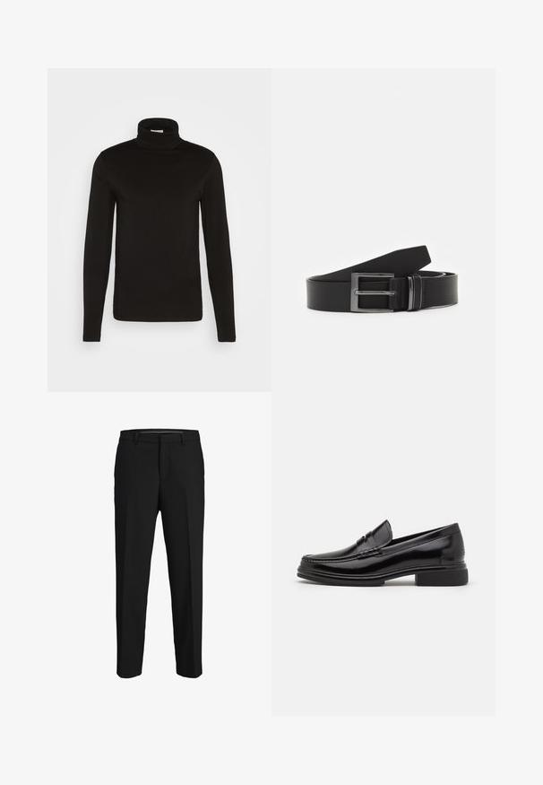 Sort turtleneck langærmet skjorte lavet af et glat stof med en tætsiddende design og en høj, tætsiddende krave. Ingen mønstre eller accenter synlige.; Sorte bukser lavet af glat stof, med lige snit, bæltestropper og et fladt frontdesign uden synlige mønstre eller pyntegenstande.; Sorte læder loafers med en rund tå, der har en syet detalje over vristen og en lav blokhæl. Glat tekstur og blank finish.; Sorte læderbælte med en rektangulær sølvmetalspænde, fladt design og glat tekstur. Enderne er tilspidsede for nem påtrækning.