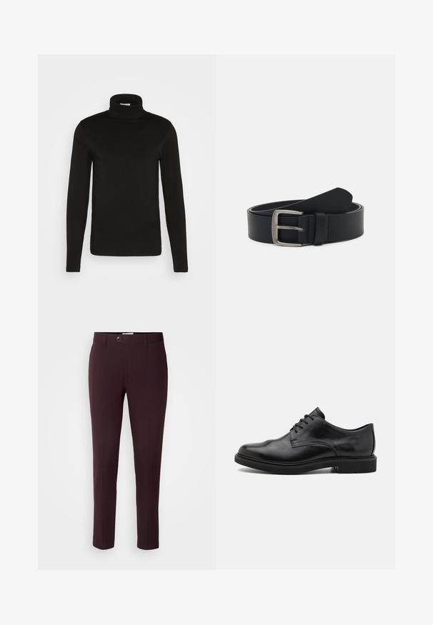 Zwarte coltrui met lange mouwen, gemaakt van een gladde stof met een aansluitend ontwerp en een hoge, strakke kraag. Geen patronen of accenten zichtbaar.; Donker bordeauxrode broek met een slim fit, voorzien van een knoopsluiting, riemlussen en voorplooien. Glad fabric met een strak ontwerp.; Zwarte leren herenschoenen met vetersluiting en lage hak, zijaanzicht tegen een effen lichte achtergrond.; Zwarte leren riem met een zilveren metalen gesp, voorzien van een gladde afwerking en een klassiek ontwerp. De riem is opgerold met de punt van het uiteinde.
