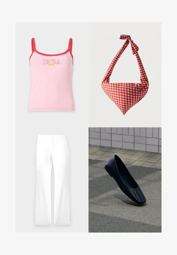 Pinkes ärmelloses Tanktop mit rotem Saum und Trägern, mit dem Text "IBIZA SPAIN" und einer kleinen Sonnen-Grafik auf der Brust.; Weiße Leinenhose mit geradem Bein, Knopfverschluss und ohne sichtbare Muster. Glatte Textur und minimales Design.; Schwarzer flacher Lederschuh steht aufrecht auf einer Asphaltfläche nahe dem Rand eines gefliesten Bürgersteigs.; Weiche Stoff-Schultertasche mit rot-weiß kariertem Muster, geknotetem Griff und dreieckiger Form vor einfarbigem Hintergrund.
