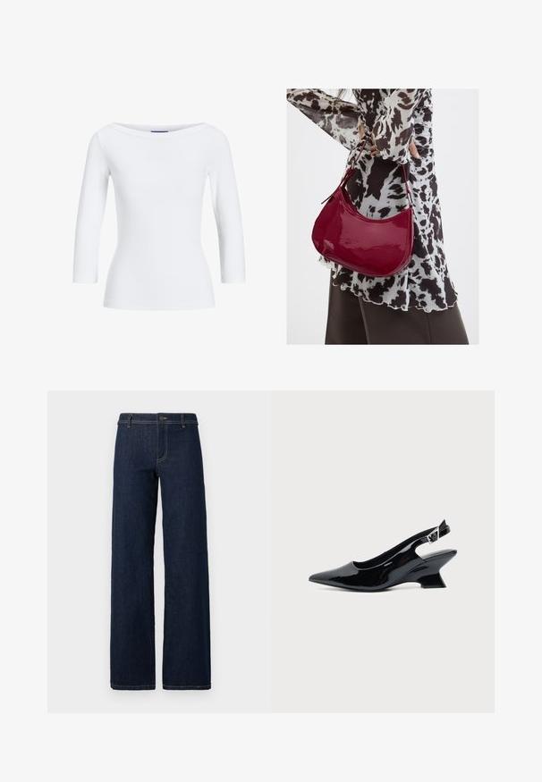 Hvid, ribbet langærmet top med bådudskæring. Stoffet er glat, tætsiddende og har en ren afslutning ved manchetterne og kanten.; Bredde ben mørk vaskede jeans med et klassisk fem-lomme design, lavet af denim, med guldtråd og en knaplukning i taljen.; Sort laklæder slingback sko med spids tå og lav vinklet blokhæl på ensartet lys baggrund.; Kvinde iført en sort- og hvidmønstret bluse, der holder en blank rød skuldertaske mod en ensfarvet baggrund.