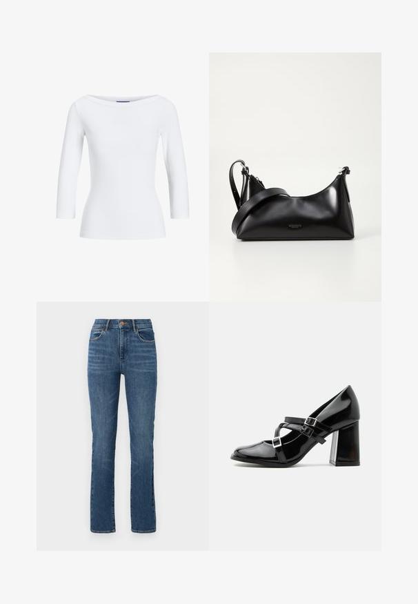 Hvid, ribbet langærmet top med bådudskæring. Stoffet er glat, tætsiddende og har en ren afslutning ved manchetterne og kanten.; Blå denim jeans med en straight-leg design, høj talje, fem lommer og kontrastsying. Blød tekstur med minimal falming.; Skinnende sort Mary Jane-stilet med tre spænder og en kraftig blokhæl, vist i sideprofil mod en hvid baggrund.; Sort læderhåndtaske med en glat tekstur. Har en justerbar stropp og et enkelt, minimalistisk design med lynlås.