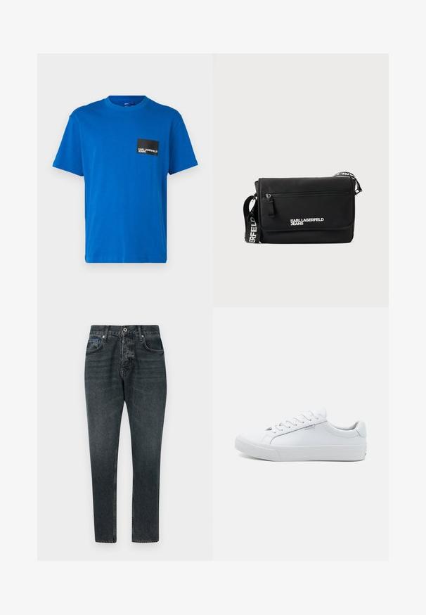 Camiseta de algodón azul con cuello redondo y mangas cortas, que presenta un bolsillo cuadrado negro con texto de logo en blanco. Textura suave.; Jeans de mezclilla gris oscuro con un diseño de pierna recta, cinco bolsillos, cierre de botón y un ligero desgaste. Hechos de algodón con una textura suave.; Zapatillas deportivas de cuero blanco con un acabado suave, diseño bajo, punta redonda y suela plana de goma. Con cordones planos y un branding mínimo.; Bolsa de mensajero negra hecha de nailon suave. Cuenta con una correa ajustable, bolsillo frontal con cremallera y logo impreso en blanco. Forma rectangular con diseño minimalista.