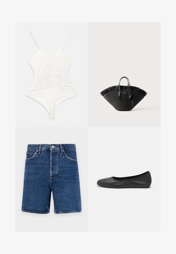 Weißer Body mit verstellbaren Trägern, V-Ausschnitt und gerafften Details auf der Vorderseite. Enganliegendes Design mit glattem, dehnbarem Material.; Dunkelblaue Denim-Shorts im klassischen Schnitt, ausgestattet mit fünf Taschen, einem Knopfverschluss und kontrastierenden orangen Nähten.; Schwarze Leder-Ballettschuhe mit abgerundeter Spitze, glatter Textur, minimalen Nähdetails und einem flexiblen Sohlen-Design.; Schwarze gewebte Tragetasche mit breiter Fächerform, fransigem oberen Rand, zwei Griffen und einer dekorativen Schleife an einem Griff.
