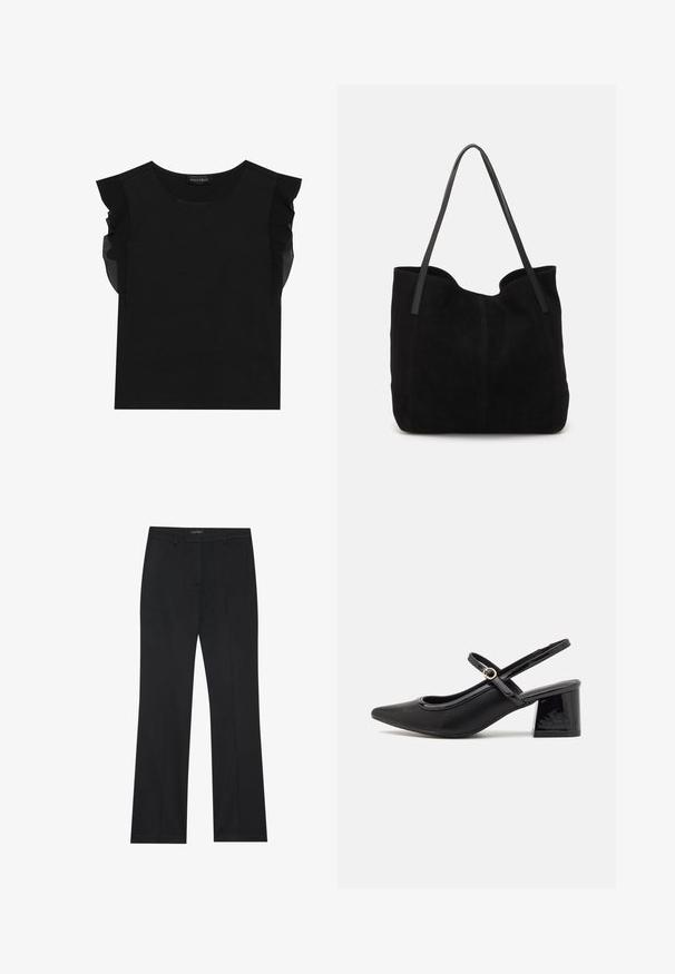 Top negro con mangas cortas transparentes y en volantes, cuello redondo y una tela suave y lisa. Diseño sencillo sin patrones ni acentos adicionales.; Pantalones negros con corte recto, tejido suave y sin patrones visibles. Diseñados con bolsillos frontales clásicos y cierre de cremallera.; Tacones slingback de charol negro con punta afilada, un diseño de corte redondeado y tacón bloque. Incluye un detalle de hebilla en tono dorado.; Bolso de mano de ante negro con dos correas de cuero largas y planas. Presenta un borde superior curvado y costuras visibles en la parte frontal. Sin acentos de metal.