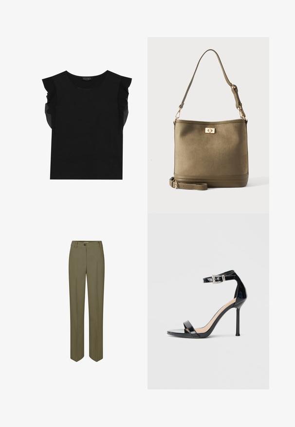Haut noir avec des manches courtes en tulle volantées, col rond et un tissu doux et lisse. Design simple sans motifs ni accents supplémentaires.; Pantalons ajustés vert olive avec une jambe droite, fermeture à un bouton et deux plis avant, présentant une texture lisse et tissée.; Sandale à talon haut en cuir verni noir avec bride à la cheville. Présente un design minimaliste, un bout ouvert et une boucle ornée de strass.; Sac seau vert olive avec bandoulière réglable et fermeture à tour dorée à l’avant.