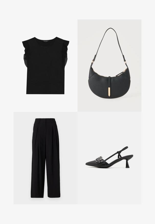 Top negro con mangas cortas transparentes y en volantes, cuello redondo y una tela suave y lisa. Diseño sencillo sin patrones ni acentos adicionales.; Pantalones de pierna ancha negros, hechos de una tela suave, con una cinturilla alta, pliegues en la parte delantera y una silueta fluida.; Simmi London DALA - Tacones - black; Bolso negro en forma de media luna con una sola correa, cremallera dorada y una lengüeta decorativa rectangular dorada en la parte delantera.