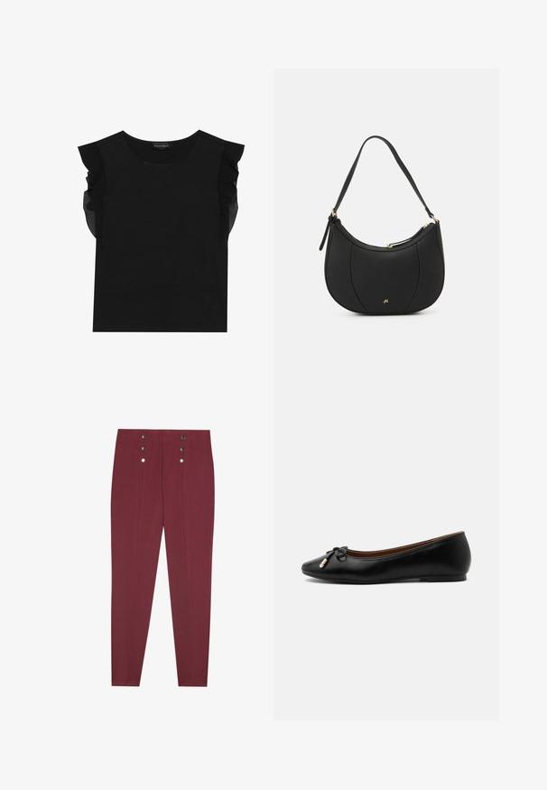 Top negro con mangas cortas transparentes y en volantes, cuello redondo y una tela suave y lisa. Diseño sencillo sin patrones ni acentos adicionales.; Pantalones cortos burdeos a medida con bolsillos laterales, con una textura suave y cuatro botones decorativos plateados en la cintura.; Zapato bailarín plano de cuero negro con punta redondeada, pequeño lazo con extremos dorados y un tacón bajo y plano sobre fondo gris.; Bolso de mano de cuero negro con forma curva, superficie texturizada, costuras frontales y un logo en tono dorado. Cuenta con una sola correa ajustable.