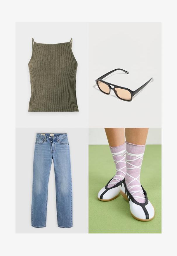 Mouwloze geribde gebreide top in olijfgroen met dunne schouderbandjes en een rechte halslijn, getoond op een witte achtergrond.; Lichtblauwe denim jeans met een recht model, metalen knoopsluiting, zijzakken en subtiele vervagingdetails doorheen.; Benen met geribbelde lavendelkleurige sokken met witte kruisbanden, gecombineerd met witte ballerina's met zwarte bies op een groene vloer.; Zwarte rechthoekige zonnebril met dunne beige getinte glazen en een sleutellochbrug, met het merk ALDO op het rechterpootje.
