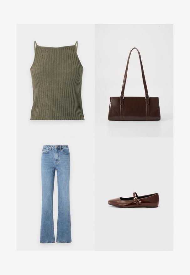 Mouwloze geribde gebreide top in olijfgroen met dunne schouderbandjes en een rechte halslijn, getoond op een witte achtergrond.; Lichtblauwe denim jeans met een flare-pasvorm, hoge taille en minimale hardware. Kenmerken zijn de klassieke vijfzak-stijl en subtiele stiksels.; Bruine gepatineerde leren balletschoen met een vierkante neus en een bandje met een kleine gouden gesp. Gladde textuur, lage hak en minimalistisch ontwerp.; Bruine lakleren handtas met een rechthoekige vorm, twee lange handvatten en subtiele gebogen accenten aan de voorkant.