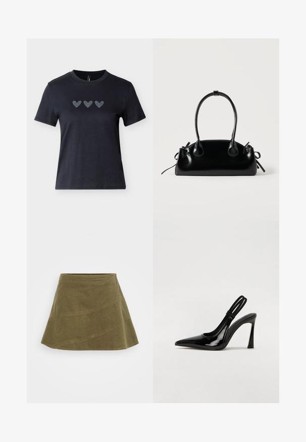 T-shirt noir à manches courtes en coton avec trois motifs de cœurs en strass alignés sur la poitrine, présentant une texture lisse.; Jupe en velours côtelé vert olive, forme évasée, tissu texturé, avec une taille lisse et des détails de couture.; Escarpin en cuir verni noir à talon aiguille, à bout pointu, avec une sangle élastique double pour un maintien sécurisé. Surface lisse et brillante.; Petit sac à main noir brillant avec deux longues anses et des détails à cordon sur les côtés sur un fond clair uni.