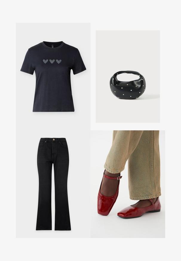 Sort kortærmet t-shirt i bomuld med tre hjerter dekoreret med rhinsten i en række tværs over brystet, der viser en glat tekstur.; Sorte jeans med høj talje og lige ben, frontknaplukning og fem-lomme-design på en ensfarvet lys baggrund.; Røde patentlæder sko med firkantet tå, lav hæl og ankelrem, parret med lysegrønne vide bukser. Glat tekstur, reflekterende overflade.; Sort læderhåndtaske med en rundet form, dekoreret med sølvnitter, og et kort håndtag. Glat tekstur og lynlåslukning.