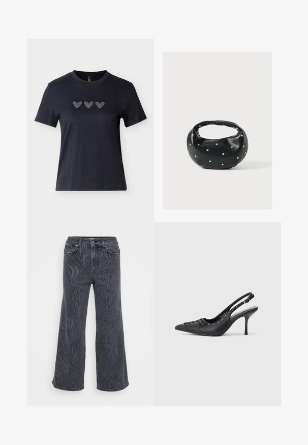 Schwarzes kurzärmliges T-Shirt aus Baumwolle mit drei Reihen von Herzmotiven aus Strasssteinen über der Brust, die eine glatte Textur zeigen.; Weite Jeans aus dunkelgrauem Denim mit einem Zebramuster. Klassisches Fünf-Taschen-Design mit Knopf- und Reißverschluss.; Schwarzer Leder-Slingback-Stiletto mit spitzem Zehenaufsatz, seitlichem Schnallenriemen, Nieten entlang der Kante und dekorativer Schnürung vorne.; Schwarze Lederhandtasche mit abgerundeter Form, verziert mit silbernen Nietenakzenten und kurzem Griff. Glatte Struktur und Reißverschlussverschluss.