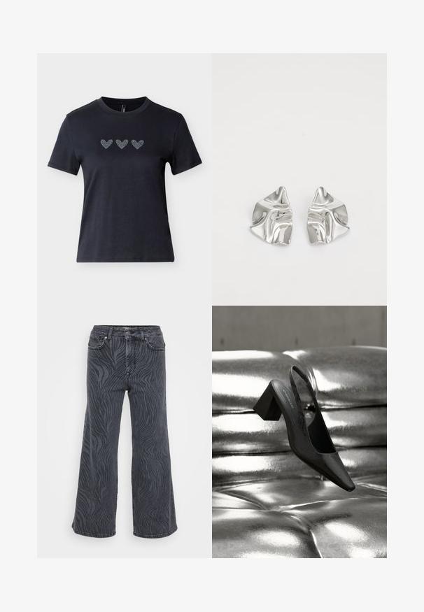 Schwarzes kurzärmliges T-Shirt aus Baumwolle mit drei Reihen von Herzmotiven aus Strasssteinen über der Brust, die eine glatte Textur zeigen.; Weite Jeans aus dunkelgrauem Denim mit einem Zebramuster. Klassisches Fünf-Taschen-Design mit Knopf- und Reißverschluss.; Schwarzer Slingback-Absatz mit spitz zulaufender Spitze, der eine strukturierte Oberfläche und einen massiven Blockabsatz aufweist. Auf einem glänzenden, metallischen Hintergrund platziert.; Silberne Metallohrringe mit einem wellenförmigen, skulpturalen Design, das eine polierte Oberfläche und unregelmäßige Formen aufweist, die eine zeitgenössische Ästhetik betonen.