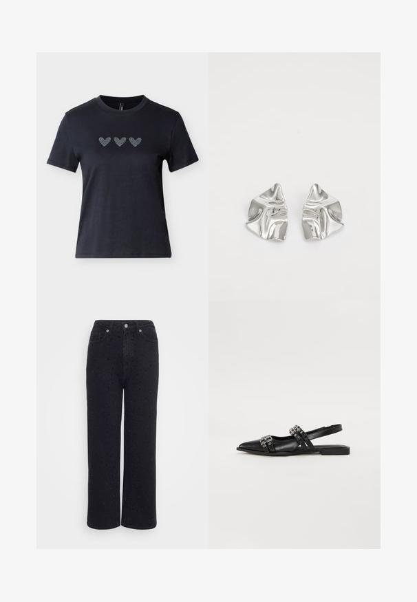 Sort kortærmet t-shirt i bomuld med tre hjerter dekoreret med rhinsten i en række tværs over brystet, der viser en glat tekstur.; Sorte denim vidde bukser med høj talje, der har dekorative nitte detaljer overalt og en glat tekstur.; Even&Odd by Zalando Slingback-ballerinasko - black; Sølvmetal øreringe med et bølgende, skulpturelt design, der har en poleret overflade og uregelmæssige former, hvilket fremhæver en moderne æstetik.