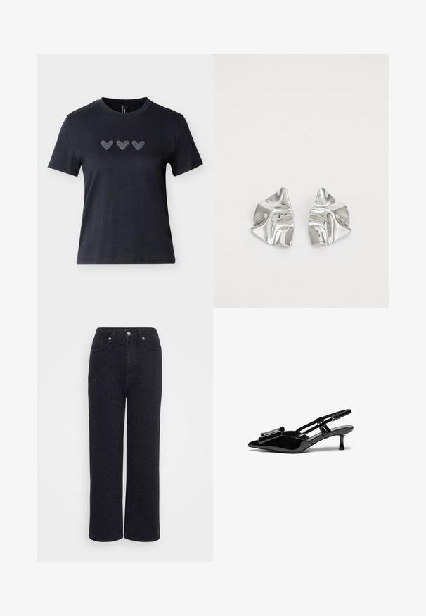 Camiseta negra de manga corta en algodón con tres diseños de corazones de pedrería en fila a lo largo del pecho, mostrando una textura suave.; Pantalones de mezclilla negra de pierna ancha con una cintura alta, que presentan acentos decorativos de tachuelas en todo su diseño y una textura suave.; Zapatos de tacón slingback de charol negro con punta afilada, detalle de lazo en el frente y un pequeño tacón de aguja. Las correas tienen hebillas ajustables.; Pendientes de metal plateado con un diseño ondulado y escultórico, que presentan un acabado pulido y formas irregulares, destacando una estética contemporánea.
