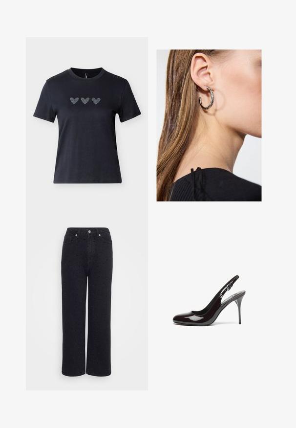 Zwart katoenen T-shirt met korte mouwen en drie hartvormige rijen van strass-steentjes over de borst, met een gladde textuur.; Zwarte denim broek met wijde pijpen en hoge taille, voorzien van decoratieve studs en een zachte textuur.; Bordeaux lakleren slingback hakken met een ronde neus, een smalle hoge hak en een verstelbare band. Gladde textuur met glanzende afwerking.; Zilveren oorbel met een gepolijste afwerking, met kleine gouden accentdetails en een ronde vorm, gedragen op de oorlel.