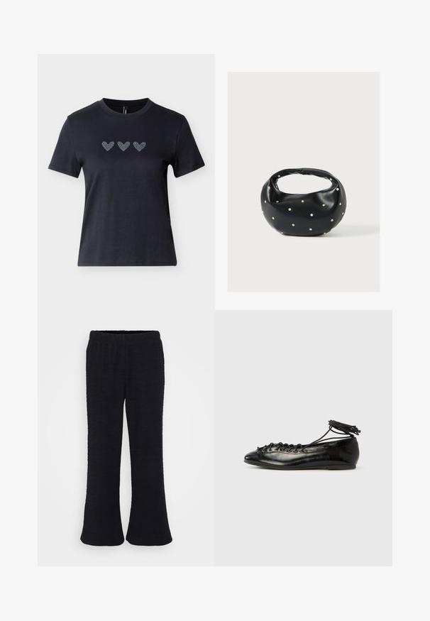 Sort kortærmet t-shirt i bomuld med tre hjerter dekoreret med rhinsten i en række tværs over brystet, der viser en glat tekstur.; Sorte, flagrende bukser med et tekstureret stof og elastisk talje. Designet er i fuld længde med en blød finish.; Sorte balletflade sko i laklæder med rundet tå, snørelukning og flad sål. Glat tekstur med få detaljer.; Sort læderhåndtaske med en rundet form, dekoreret med sølvnitter, og et kort håndtag. Glat tekstur og lynlåslukning.
