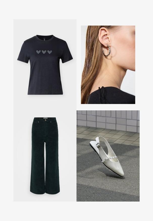 Sort kortærmet t-shirt i bomuld med tre hjerter dekoreret med rhinsten i en række tværs over brystet, der viser en glat tekstur.; Breddebenede kordfløjl bukser i mørkegrøn med høj talje, knaplukning og to forlommer. Blød tekstur med ribbet design.; Hvid spids slingback flad sko med to sølvspænder, vist udendørs på tekstureret underlag og flisebelagt væg baggrund.; Sølv hoop ørestik med en poleret overflade, prydet med små guld accenter og en rund form, båret på øreflippen.