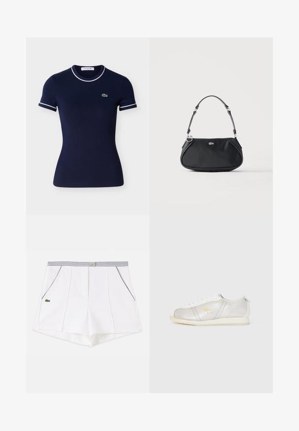 T-shirt en coton bleu marine à manches courtes, avec bordures blanches sur le col et les manches, et un petit logo Lacoste vert.; Short blanc sur mesure avec coutures verticales, ceinture rayée, poches avant avec passepoil noir et petit logo crocodile vert sur le côté gauche.; Sneaker en cuir blanc avec semelle beige, lacets blancs et un petit logo crocodile jaune sur le côté.; Sac d'épaule noir avec sangle réglable, fermeture éclair et petit logo crocodile argenté au centre devant.