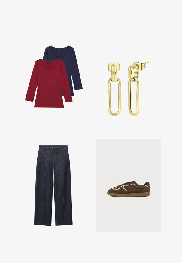 Deux t-shirts à manches longues : un en rouge profond et un en bleu marine, avec des encolures rondes et une texture douce et lisse.; Pantalons large en denim bleu sombre avec des coutures frontales et une taille standard. Présente des coutures orange et une longueur cropped.; Baskets en cuir suédé marron avec bordure en crochet crème, semelle en gomme plate et design à lacets, vue de côté sur fond gris clair.; Boucles d'oreilles dorées en forme d'oval allongé, avec une texture lisse et un fermoir à clou. Design simple et moderne sans motifs.