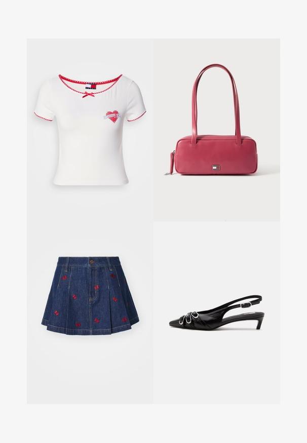 Witte t-shirt met korte mouwen, voorzien van rode gerimpelde afwerking en een kleine hartgrafiek met de tekst "tommy girl"; strikaccent bij de hals.; Denim rok met plooien en een donkere wassing, featuring rode geborduurde vlinderdetails en een klassieke vijf-pocket ontwerp met een frontknopsluiting.; Zwarte leren slingback schoen met puntige neus, drie zilveren gespen aan de voorkant en lage kittenhak op witte achtergrond.; Roze leren handtas met een rechthoekige vorm, dubbele handvatten en een klein metalen embleem aan de voorkant, met een gladde, glanzende textuur.