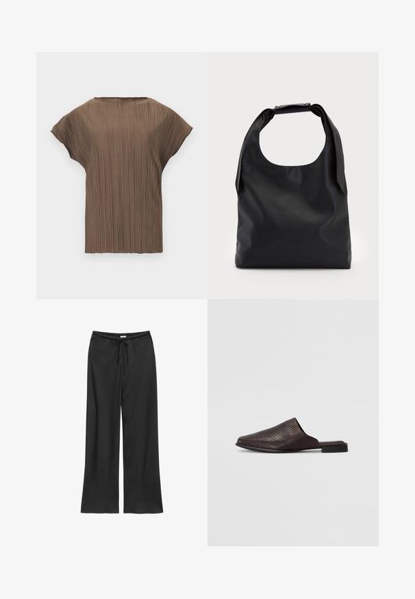 Top marrón de manga corta con pliegues verticales y escote redondo, exhibido sobre un fondo blanco liso.; Pantalones negros de pierna ancha con cintura elástica y cordón delantero, extendidos planos sobre un fondo blanco.; Mule negro sin cierres hecho de material texturizado con un patrón de reptil, que presenta un tacón bajo y plano y un diseño de punta redondeada y abierta.; Bolso de mano de cuero negro con una gran abertura superior y una sola correa para el hombro. Textura suave, diseño minimalista, con detalles sutiles de herrajes.