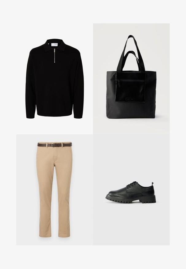 Jersey negro de manga larga de punto con cuello y cremallera corta frontal, diseñado para hombres.; Pantalones caqui de corte recto, fabricados en algodón, con un cinturón de cuero marrón y una hebilla de plata. Textura suave, sin patrones.; Zapatos de cuero negro con cordones, punta redondeada, superficie texturizada y suela de goma gruesa con profundos surcos para mejor agarre.; Bolso tote negro con bolsillo frontal con cremallera y asas dobles, sobre un fondo claro y liso.