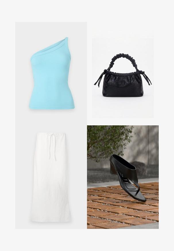 Débardeur bleu clair à côtes avec un design asymétrique sur une épaule et une texture lisse. Le tissu élastique offre une coupe ajustée.; Jupe maxi en lin blanc avec une taille élastique et un cordon de serrage. Texture lisse, silhouette droite et coupe arrivant aux genoux.; Sandale noire à talon haut avec une lanière entre les orteils, flottant au-dessus d'une surface extérieure en bois et gravier à motifs, avec un arrière-plan flou de verdure et un mur.; Sac à main noir avec texture crocodile, bord supérieur froncé, poignée plissée et pompons à cordon de chaque côté sur fond blanc.