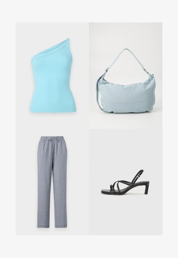 Débardeur bleu clair à côtes avec un design asymétrique sur une épaule et une texture lisse. Le tissu élastique offre une coupe ajustée.; Pantalons à carreaux bleus et blancs avec une taille élastique et un cordon de serrage, présentant un design à jambes droites et un tissu léger.; Sandale noire à lanières avec un bout carré et un petit talon bloc. Elle présente plusieurs fines lanières et une sangle de cheville ajustable. Fabriquée en cuir lisse.; Sac à dos en denim bleu clair de forme arrondie, avec une bandoulière ajustable et un subtil détail de couture le long du bas. Texture douce.