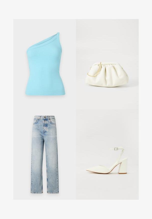 Lichtblauw geribbeld tanktop met een een-schouder ontwerp en een gladde textuur. Elastische stof zorgt voor een aangesloten silhouet.; Lichtblauwe jeans met een rechte pijpdesign, gemaakt van denim. Bevat vijf zakken, een knoopsluiting en subtiele vervaging overal.; Witte hakken sandaal met een puntige neus, verstelbaar enkelbandje en een stevige vierkante hak. Gladde textuur met minimale stiksels.; Witte leren handtas met een geassembleerd ontwerp, voorzien van een gouden kettingband en een ronde vorm. Gladde textuur met zachte plooien en geen patronen.