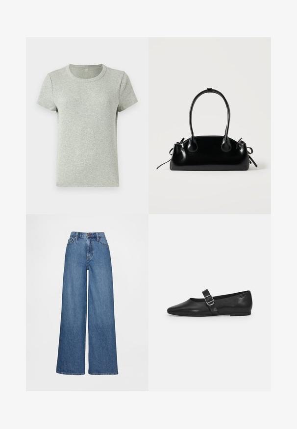 Grå kortærmet t-shirt med rund halsudskæring, lavet af ribbet stof. Glat tekstur med regular fit og minimalistisk design.; Vidbenede jeans i mediumblåt denim, med høj talje, bæltestropper og knaplukning. Glat tekstur med få syningsdetaljer.; Sorte læder flade sko med rund tå, et enkelt justerbart spænde og en glat, blank overflade. Minimalistisk design med en lav hæl.; Lille sort blank håndtaske med to lange håndtag og snøre-detaljer i siden på en ensfarvet lys baggrund.