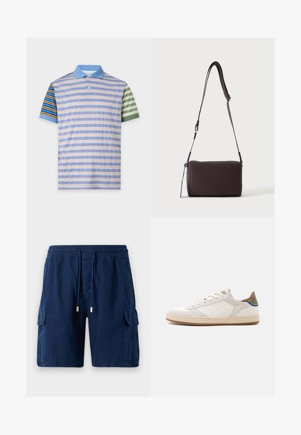 Kurzärmliges Poloshirt mit hellblauem Kragen und gemischten horizontalen Streifen in Blau, Braun, Weiß, Pfirsich und Grün am Körper und an den Ärmeln.; Marineblaue Cargo-Shorts aus leichtem Material, mit einem elastischen Bund und Kordelzug, zwei Seitentaschen und einer Beintasche.; Weißer Sneaker mit niedriger Silhouette, beiger Sohle, Schnürung vorne, grün-blauem Detail an der Ferse und dezentem goldfarbenem "Paul Smith"-Logo an der Seite.; Dunkelbraune, strukturierte Leder-Crossbody-Tasche mit verstellbarem Riemen und kleinem dekorativen blauen Akzent an der Seite.