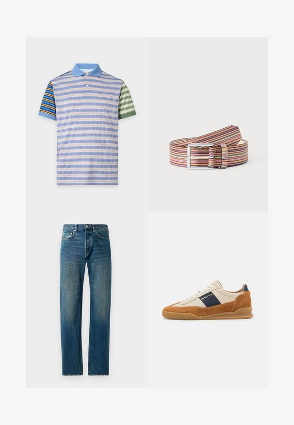 Kurzärmliges Poloshirt mit hellblauem Kragen und gemischten horizontalen Streifen in Blau, Braun, Weiß, Pfirsich und Grün am Körper und an den Ärmeln.; Blaue Denim-Jeans im Straight-Leg-Design, ausgestattet mit einem Fünf-Taschen-Stil, dezenten Verwaschungen und kontrastierenden Nähten.; PS Paul Smith DOVER - Sneaker low - cognac/off-white; Aufgerollter Ledergürtel mit buntem horizontalem Streifenmuster und silberner rechteckiger Schnalle auf einfarbigem Hintergrund.