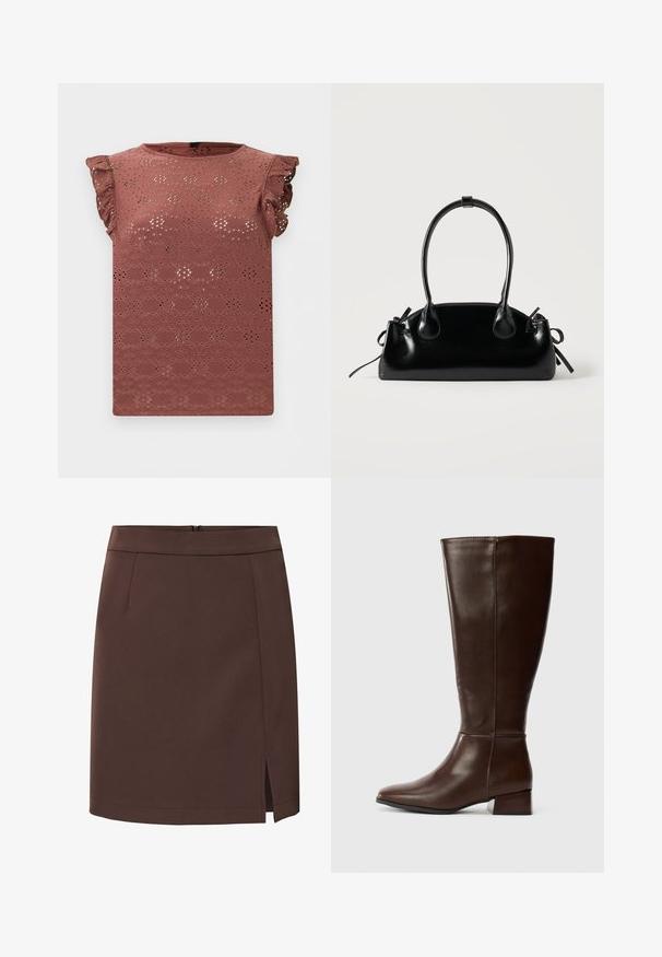 Blouse sans manches rose poudré avec motif en dentelle ajourée et épaules volantées.; Jupe marron longueur genou avec une petite fente à l’avant sur l’ourlet droit, ceinture simple, sans motifs ni ornements visibles.; Botte en cuir brun foncé, haute, avec un petit talon bloc et une finition lisse, vue de profil sur fond blanc.; Petit sac à main noir brillant avec deux longues anses et des détails à cordon sur les côtés sur un fond clair uni.