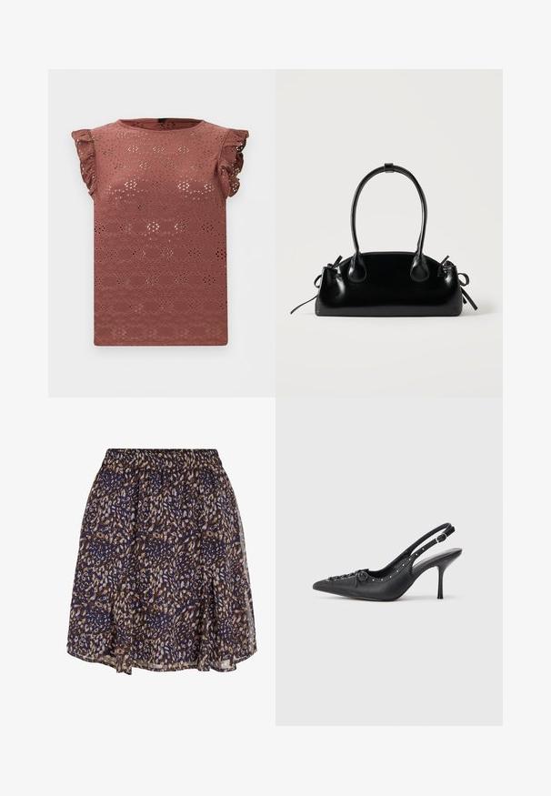 Mouwloze blouse in stoffige roos met opengewerkt kantpatroon en geplooide schouders.; Korte rok met luipaardprint in marineblauw en bruin, met een elastische tailleband en lichte, licht doorschijnende stoflagen.; Zwarte leren slingback stiletto met spitse neus, zijgesp met gesp, studs langs de rand en decoratieve veters aan de voorkant.; Kleine zwarte glanzende handtas met twee lange hengsels en zijkant trekkoord details op een effen lichte achtergrond.