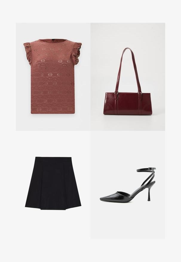 Blouse sans manches rose poudré avec motif en dentelle ajourée et épaules volantées.; Jupe patineuse noire en tissu doux, avec une taille ajustée, des plis à l'avant et un ourlet évasé arrivant au genou.; Escarpin noir à bout pointu avec fines brides de cheville et fermeture à boucle argentée sur fond clair uni.; Sac à main bordeaux en matériau brillant, de forme rectangulaire, avec deux anses et des accents légèrement courbés à l'avant.
