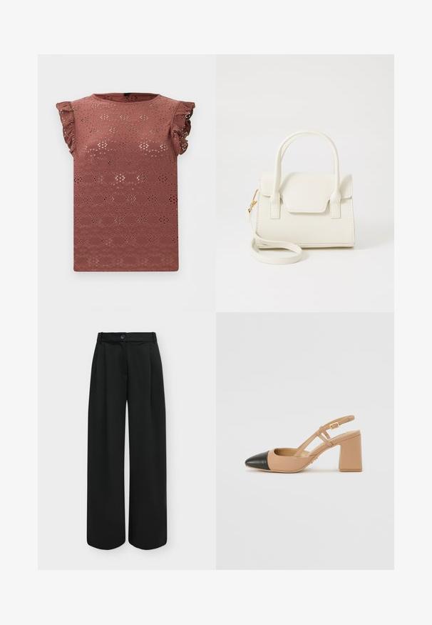 Støvrosa ærmeløs bluse med broderet hulmønster og flæse skuldre.; Sorte, højtaljede, vide bukser med frontknap og skjult lynlås på en ensfarvet lys baggrund.; Beige slingback sko med en sort spids tå, en firkantet høj hæl og to remdetaljer, fremstillet af et glat materiale.; Lille hvid håndtaske med dobbelte håndtag, frontklap og aftagelig skulderrem med guldlås på hvid baggrund.