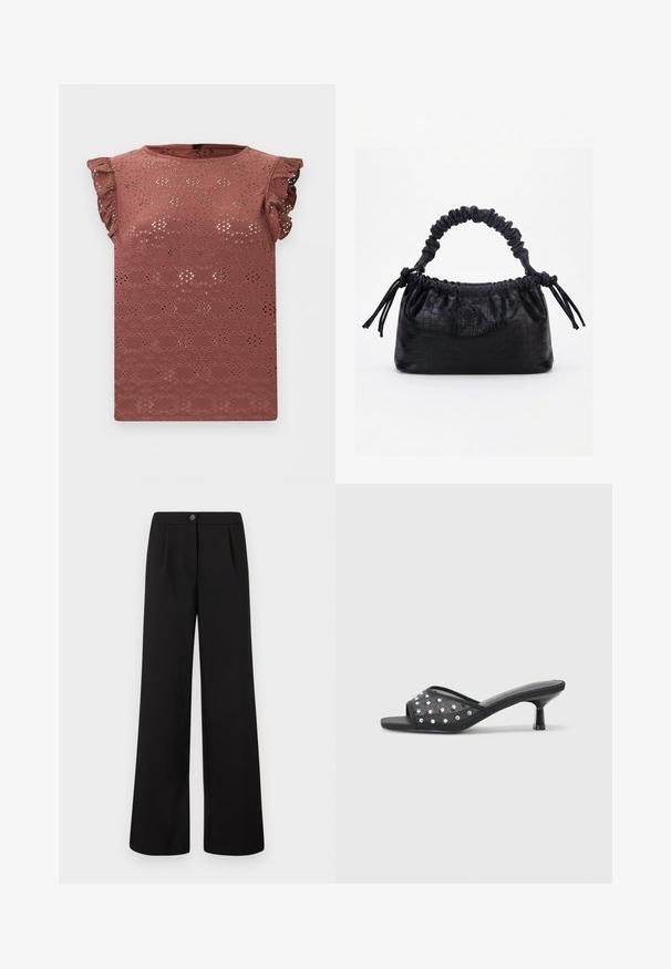 Blouse sans manches rose poudré avec motif en dentelle ajourée et épaules volantées.; Pantalons larges noirs taille haute avec bouton et fermeture éclair à l'avant, comportant des plis subtils sous la ceinture.; Sandale à talon bas ouverte noire avec un tissu transparent orné de clous décoratifs transparents et une semelle lisse.; Sac à main noir avec texture crocodile, bord supérieur froncé, poignée plissée et pompons à cordon de chaque côté sur fond blanc.