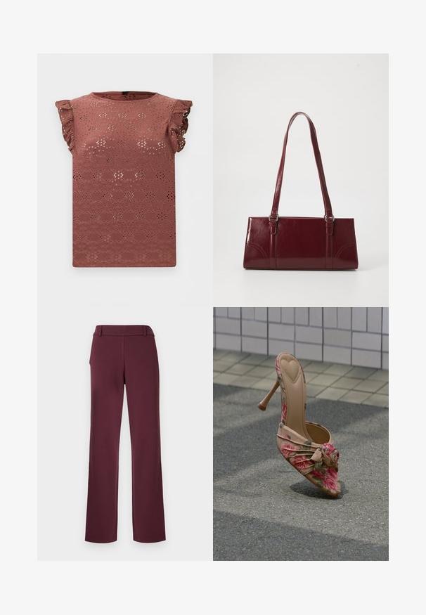 Blouse sans manches rose poudré avec motif en dentelle ajourée et épaules volantées.; Pantalon bordeaux avec une coupe à jambes droites, fabriqué en tissu lisse, doté d'une ceinture plate et de détails de couture subtils.; Chaussure à talons hauts à imprimé floral, avec un bout pointu, fond nude, et un détail froncé à l'avant, agrémentée d'un accent de rose.; Sac à main bordeaux en matériau brillant, de forme rectangulaire, avec deux anses et des accents légèrement courbés à l'avant.