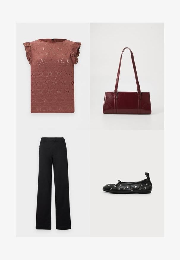 Støvrosa ærmeløs bluse med broderet hulmønster og flæse skuldre.; Sorte brede bukser med høj talje, knapdetaljer på siderne og en glat denimtekstur med en ren finish.; Sort læder balletflad med sølvnitter, lille sløjfe foran og trækflig ved hælen, vist fra siden på en ensfarvet baggrund.; Bordeaux håndtaske lavet af glansfuldt materiale, rektangulær form, med to skulderremme og subtile buede detaljer på forsiden.