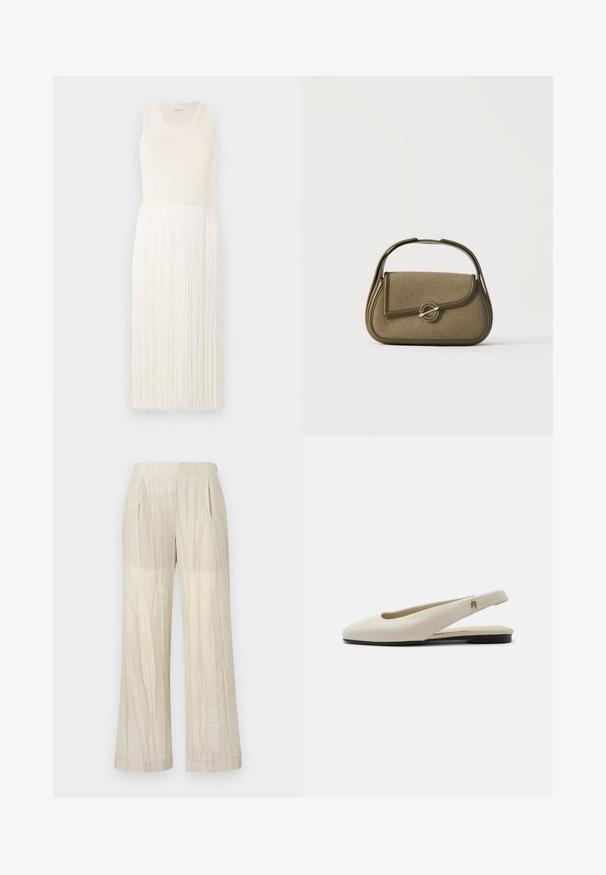 Replay FRINGED KNIT - Μπλούζα - winter white; Κρέμα χρώματος παντελόνι με φαρδιά πόδια και υφή υφάσματος. Διαθέτει πιέτες και λείο ζωνάκι. Χωρίς ορατές τσέπες ή διακοσμητικά.; Κρεμ δερμάτινο φλατ παπούτσι slingback με στρογγυλεμένη μύτη και μικρό χρυσό έμβλημα στο λουράκι.; Μικρή χακί πράσινη τσάντα χειρός με στρογγυλεμένες άκρες, πάνω λαβή και κλείσιμο με καπάκι που ασφαλίζει με στρογγυλό μεταλλικό κούμπωμα.