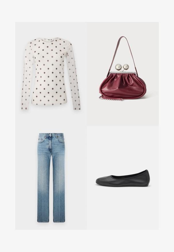 Hvid gennemsigtig bluse med lange ærmer med sorte polkaprikker og rund halsudskæring, vist på en ensartet lys baggrund.; Lysblå lige ben jeans lavet af denim, med subtil falmning, klassisk fem-lomme design og en metalknaplukning i taljen.; Sort læderballetsko med rund tå, glat tekstur, minimal syning og et fleksibelt såldesign.; Lille bordeaux læderhåndtaske med rynkede detaljer, en tynd rem og en sølvspænde med to store runde knopper.