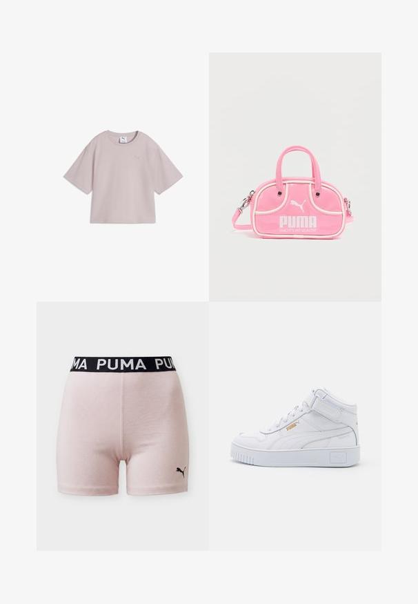 Camiseta corta de manga corta en rosa claro con cuello redondo y pequeño logo de Puma bordado en el pecho izquierdo.; Pantalones cortos PUMA de color rosa claro con cintura elástica negra que muestra el logo de PUMA en blanco y pequeño logo negro del gato PUMA en la pierna.; Zapatillas altas blancas con un upper de cuero suave, cordones planos, cuello acolchado y suela de goma texturizada con acentos de logo.; Bolso rosa brillante con dos asas, detalles en blanco y un logo prominente de PUMA. Cuenta con una correa para el hombro desmontable y cierre con cremallera.
