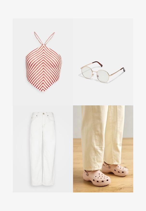 Even&Odd Top - white/red; BDG Urban Outfitters LOGAN CINCH - Džínsy s rovným strihom - white; Svetloružové gumové dreváky so ventilačnými otvormi, kontúrovaným tvarom a textúrovou podrážkou pre lepšiu priľnavosť. Nosené s svetlobežovými nohavicami.; Zlaté oválne okuliare s kovovým rámom a priehľadnými šošovkami. Korytnačie akcenty na spánkoch. Nastaviteľné nosné podložky pre pohodlie.