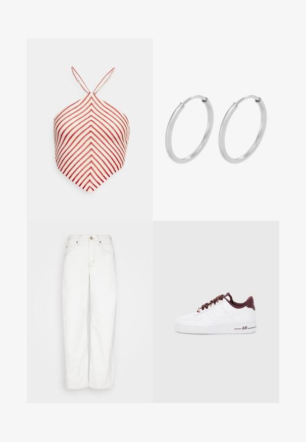 Even&Odd by Zalando Topp - white/red; BDG Urban Outfitters LOGAN CINCH - Sirgete säärtega teksad - white; Valged nahast jooksujalanõud tumepunaste aktsentidega, ümmarguste nööride, pehme krae ja tekstureeritud kummitaldadega. Küljele trükitud "AIR".; Hõbedased rõngassõrmused, ringikujuline kuju, sile läikiv tekstuur ja ühtlane laius kogu ulatuses. Minimalistlik disain ilma lisadeta.