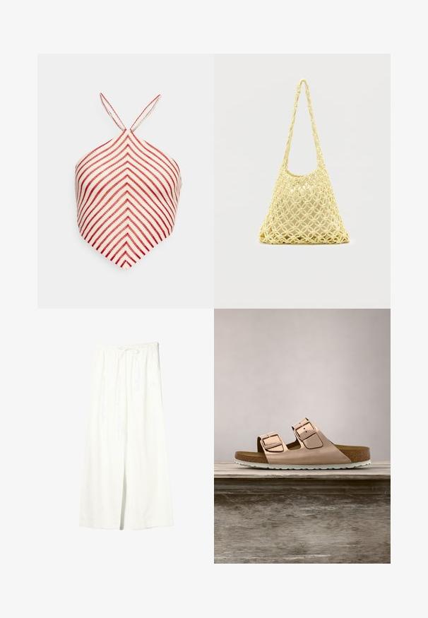 Even&Odd Top - white/red; Witte linnen broek met brede pijpen, elastische tailleband en trekkoord, voorzien van zijzakken en een voorste split.; Roze-gouden slidersandalen met twee verstelbare metalen gespen, kurken voetbed en witte rubberen zool. Gladde metalen afwerking, open teen ontwerp.; Gele macramé net tas met lange band en beige tasje erin, getoond op een effen witte achtergrond.