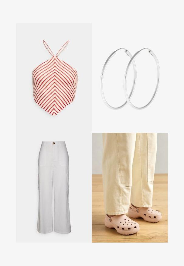 Even&Odd by Zalando Top - white/red; Gina Tricot MALIKA BLEND TROUSERS - Bukser - white; Lyserøde trædestøvler lavet af gummi, med ventilationshullerne, en kontureret form og en struktureret sål for greb. Bæres med lyse beige bukser.; Sølvfarvede hoop øreringe med en glat, rund form og en poleret overflade. Begge øreringe er i samme størrelse og har en sikker lukke mekanisme.