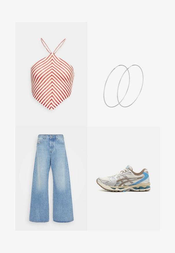 Even&Odd Top - white/red; Hellblaues, weit geschnittenes Jeansmodell aus Denim. Verfügt über ein klassisches Fünf-Taschen-Design, einen Knopfverschluss und ausgebleichte Stellen für einen vintage Look.; Weißer und beiger Laufschuh mit blauen Akzenten, Mesh-Obermaterial, gepolsterter Sohle und Schnürdesign, von der Außenseite gezeigt.; Silberne Creolen mit minimalistischem Design. Rundform, glatte Oberfläche und dünnes Profil. Leichtgewichtig mit hochglänzender Oberfläche.